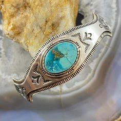 Simply Beautiful Vintage Sterling Silver Overlay, Oval Turquoise Decorated Bracelet For Women, Signed By Native American Artist Leonard Gene. Has Flexibility. Opening 1 1/4" Diameter 2 3/8" Circumference 5 5/8" (W/O The Gap) Width 7/8" Weighs 44.5 Grams (Vpbr66ggo75) Blue Oval Gemstone Cuff Bracelet, Classic Handmade Turquoise Bracelets, Bohemian Oval Gemstone Cuff Bracelet, Bohemian Blue Oval Bracelet, Unique Turquoise Oval Cuff Bracelet, Handmade Turquoise Oval Cuff Bracelet, Oval Turquoise Cuff Bracelet As Gift, Unique Oval Turquoise Cuff Bracelet, Southwestern Blue Oval Bracelets