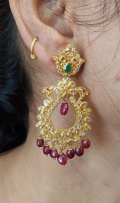 SALE22K Gold Uncut Diamond 'Peacock' Drop Earrings With Rubies, Emeralds & Beads. Handcrafted in India, this pair is currently on sale for the holidays. Visit Totaram.com to explore our collection today! Call us: 732-228-6300. We ship to all US locations. #Totaramjewelers Beads Making, 22k Gold Jewelry, Emerald Bead, Dangle Hoop Earrings, Gold Jewelry Indian