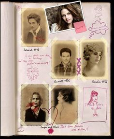 an open book with pictures of people and writing on the pages, including one woman's face