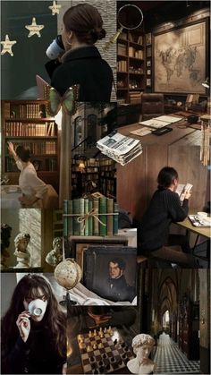 a collage of photos with people and books on them, including an old fashioned desk