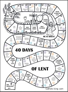 the 40 days of lent board game is shown in black and white, with an image of