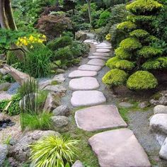 a stone path in the middle of a garden