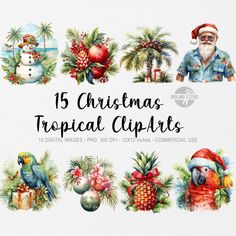 christmas tropical clipart set with watercolors and palm trees, pineapples, santa