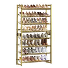 a gold shoe rack with many pairs of shoes hanging on the side and bottom shelves