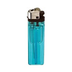 a blue glass lighter with a black lid