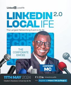 the poster for linkedin local life is shown with microphones