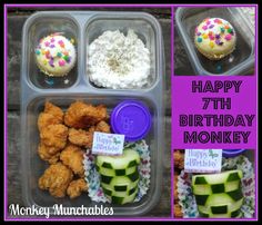 an image of happy 7th birthday monkey cupcakes and cucumbers in a container