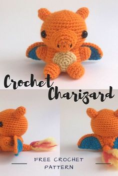 the crocheted stuffed animal is shown in three different pictures, including an orange and blue