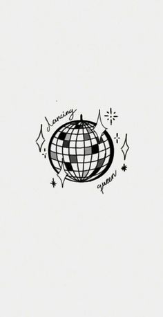 a black and white drawing of a globe with stars around it, on a white background