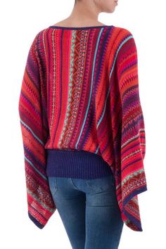 Peruvian Knit Bohemian Drape Sweater in Multicolor Pattern - Cuzco Dance | NOVICA Dance Sweater, Striped Kimono, Bright Sweater, Draped Sweater, Spirit Clothing, Fair Trade Clothing, Cusco Peru, Outfits To Wear, Wool Clothing