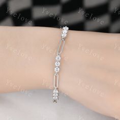 Moissanite Bracelet,Paperclip Bracelet,Chain Bracelet,925 Sterling silver Bracelet,Minimalist Bracelet, Dainty Bracelet,Bridal Gift for Her ITEM SPECIFICATIONS:  Center Stone: 3mm round shape moissanite or real diamond, approx 1.68ct Bracelet length: 6 inch/15cm 6.5 inch/16cm 7 inch/18cm 7.5 inch/19cm 8 inch/20cm Our Service: All sizes available,please feel free to contact me if you need another sizes. Payment Plan:We offer payment plan,you can pay weekly or monthly,we will keep your rings as lo Silver Moissanite Bracelets, Silver Moissanite Bracelet For Anniversary, Dainty Diamond Sterling Silver Bracelet, Sterling Silver Moissanite Bracelet As Gift, Classic Sterling Silver Moissanite Bracelet, Sterling Silver Diamond Bracelet For Wedding, Sterling Silver Wedding Chain Bracelet Fine Jewelry, Sterling Silver Wedding Chain Bracelet, Silver Bracelet With Prong Setting In Fine Jewelry Style