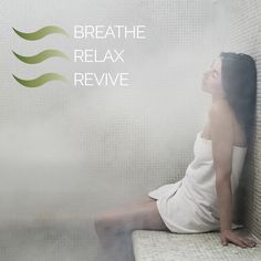 a woman in a white dress sitting on a bench with the words breathe relax rejuve