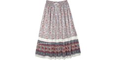 A white floral printed skirt with a gypsy look and beautiful lace fabric on the hem and a middle tier. Made from free-flowing georgette fabric which gives a gracious fall on a tall silhouette. This long skirt is 3/4th lined and has an elastic and drawstring for ease of wear and to provide flexibility. This skirt can be worn on several occasions, ceremonies, and parties. Just pick a beautifully embroidered top of any color and you are perfectly ready. Carry this skirt in the winter season with a White Lace Patchwork Long Skirt, Bohemian Lace Maxi Skirt For Beach, Casual Summer Maxi Skirt With Lace Trim, Flowy White Skirt With Lace Patchwork, Lace Tiered Skirt For Vacation, White Bohemian Skirt With Lace Trim, Bohemian Tiered Skirt With Crochet Trim, Bohemian Lace Maxi Skirt For Summer, White Lace Trim Bottoms For Festival