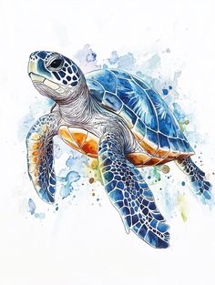 a watercolor painting of a sea turtle with blue and orange colors on it's back