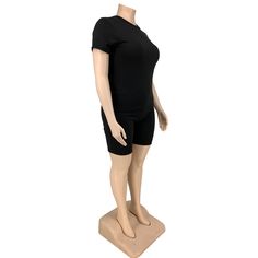 Plus Size Summer Casual Solid Color Short Sleeve Round Neck T-shirt Biker Shorts Two Piece Set Casual Short Set With Built-in Shorts, Casual Short Sleeve Short Set, Casual Black Short Set, Black Casual Short Set, Casual Stretch Short Set With Short Sleeves, Casual Short Sleeve Stretch Short Set, Two Piece Outfits Shorts, Plus Size Summer Casual, Shorts Sets