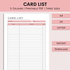 the printable card list is shown in pink