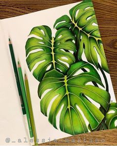 a drawing of a monster's leaf on paper next to a pencil and marker