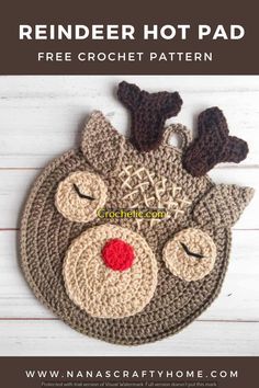 a crocheted reindeer hat with red nose and antlers on the top, is shown