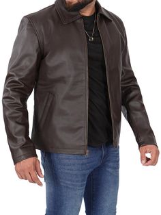 Introducing the Harrington Men's Dark Brown Shirt Collar Cowhide Leather Jacket – a remarkable blend of classic elegance and rugged durability. This jacket captures the essence of timeless fashion, offering a versatile and stylish choice for the modern man. Specification: 100% Real cowhide leather Internal polyester lining Front zip closure and shirt collar style Two outer and two inside pockets Available in Dark brown color Check measurements via size chart for a better fit. The colors of the o Classic Brown Biker Jacket For Business, Classic Brown Biker Jacket, Classic Business Leather Jacket With Double-needle Sleeve, Classic Long Sleeve Solid Biker Jacket, Classic Long Sleeve Solid Color Biker Jacket, Masculine Business Leather Jacket With Long Sleeves, Masculine Leather Business Jacket, Camel Leather Jacket, Asymmetrical Leather Jacket