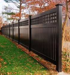 a black fence in the middle of a grassy area with trees and leaves around it