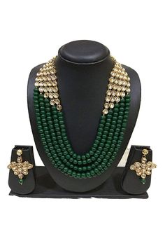 Shop Alloy Necklace With Earrings In Green Festive Luxury Green Kundan Necklace, Luxury Green Temple Necklace With Meenakari, Luxury Green Necklace For Festivals, Cheap Green Traditional Necklaces, Luxury Green Temple Necklace For Festive Occasions, Green Necklace Set, Kundan Necklace Set, Earring Sets, Kundan Necklace