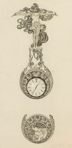 a drawing of a clock with an image of a woman hanging from it's face