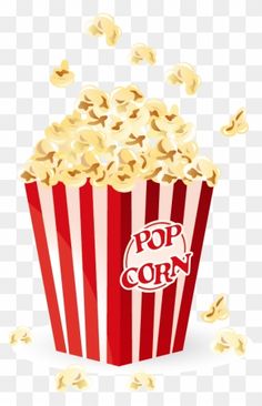 a red and white striped popcorn box with the word pop corn in it, on a transparent background