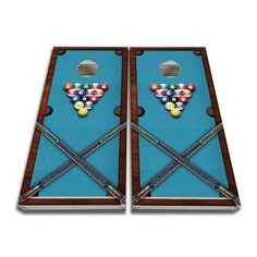 two pieces of pool table top game with cues and balls on blue felt, ready to play