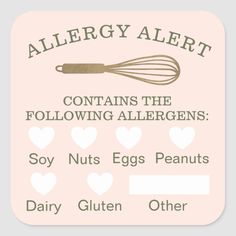 an allergy alert sticker with hearts and whisks on it, says contains the following allergens soy nuts eggs peanuts dairy gluten other