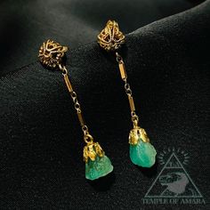 SAME DAY SHIPPING!!! These antique, raw emerald drop earrings are one of a kind! Made of solid 14k yellow gold, the antique Columbian emeralds in these earrings are a gorgeous array of green. They are approximately 35mm long. Very nice construction. Try to imagine the depths of the universe, and Gold Emerald Earrings, Emerald Drop Earrings, Emerald Earrings Drop, Columbian Emeralds, Raw Emerald