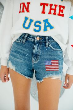 USA FLAG DENIM SHORTS | Judith March Soccer Fit, Cheetah Print Wallpaper, Painted Shorts, American Flag Shorts, July Outfits, Patch Denim, American Flag Patch, Usa Shorts, Judith March