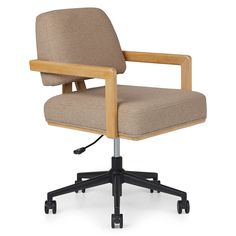 an office chair with wheels on the back and seat upholstered in beige fabric