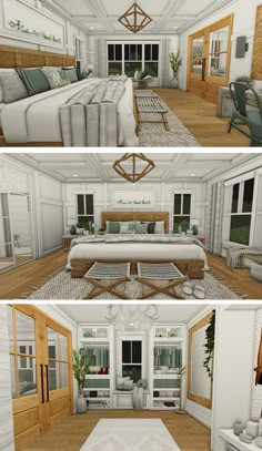 three different views of a living room and bedroom