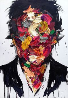 an abstract painting of a man's face covered in paint