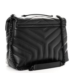 This is an authentic SAINT LAURENT Calfskin Y Quilted Monogram Monochrome Small Loulou Chain Satchel in Black. This elegant shoulder bag is crafted of chevron quilted calfskin leather. The bag features a black chain link shoulder strap with shoulder pads and a black YSL detail on the crossover flap. The bag opens to a partitioned black fabric interior with zipper and patch pockets. Chevron Quilt, Black Chain, Black Fabric, Shoulder Pads, Chain Link, Crossover, Patch Pocket, Calf Skin, Saint Laurent