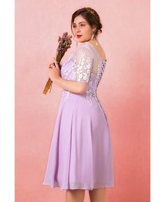 Buy Custom Lilac Chiffon Knee Length Party Dress with Flowers Short Sleeves High Quality at wholesale price online. Free shipping and pro custom service since 2009. Knee-length Chiffon Dress For Wedding, Knee-length Chiffon Wedding Dress, Flowy Knee-length Chiffon Wedding Dress, Chiffon Knee-length Prom Dress, Knee-length Chiffon Prom Dress, Purple Chiffon Dress With Sweetheart Neckline, Spring Purple Chiffon Wedding Dress, Purple Chiffon Bridesmaid Dress For Summer, Summer Purple Chiffon Bridesmaid Dress