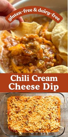 the recipe for chili cream cheese dip is in a casserole dish