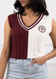 This super cute knit top is half dark maroon and half cream colored with an embroidered "Texas A&M University" seal on the left front side. It's super soft and comfy. Perfect for wearing every day or to Aggie parties! Knit Vest Top, Texas A M University, Dark Maroon, Texas A&m, Knit Vest, Vest Top, Cream Color, Knit Top, Chloe