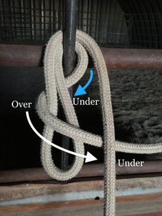 the rope is attached to an animal pen with two blue arrows pointing up at it