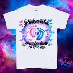 a white t - shirt with the words, princess blue and pink hearts on it