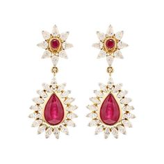 This is part of Chairish’s Fine Jewelry assortment.  Diamond Ruby Wedding Dangle Earrings in 18K Gold with Diamonds to make a statement with your look. These earrings create a sparkling, luxurious look featuring oval cut gemstone. If you love to gravitate towards unique styles, this piece of jewelry is perfect for you.  PRODUCT DETAILS :-  Material - 18K Solid Yellow Gold Gemstone - Ruby   Gemstone Weight - 4.37 ct Gemstone Shape - Pear, Round Gemstone Pcs - 4 Gemstone Size - 6 x 9, 2 mm Diamond Weight - 1.95 ct Diamond Size - 1.5 x 3 mm Gross Weight - 7.963 Grams Setting - Prong setting Length - 32 mm  Width - 22 mm Yellow Gold Bridal Earrings With 17 Jewels For Wedding, Diamond Chandelier Earrings In Yellow Gold For Wedding, Yellow Gold Diamond Chandelier Earrings For Wedding, Wedding Yellow Gold Diamond Chandelier Earrings, Wedding Chandelier Earrings In Yellow Gold With Diamonds, Luxury Earrings For Receptions, Luxury Earrings For Reception, Yellow Gold Chandelier Earrings For Wedding, Luxury Bridal Earrings For Reception