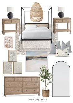 a collage of furniture and decor items including a bed, dresser, mirror, lamp, plant