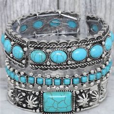 Western Style Semi Turquoise Stone Bracelet Set. Stretch To Fit Most Wrists. Fashion Jewelry. New Boutique Western Fashion Jewelry, Turquoise Stone Bracelet, Turquoise Bracelet Cuff, Western Style, Stone Bracelet, Turquoise Stone, Womens Jewelry Bracelets, Bracelet Set, Blue And Silver