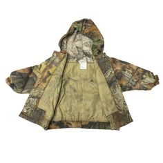 Your little one will be proud to wear the same hunting gear as Dad. This cute camouflage bomber jacket is 100% cotton, complete with a hood and snap button front closure. Size: Small (0-3 months) or Medium (3-6 months) Hooded Adventure Jacket For Fall, Hooded Jacket For Fall Adventure, Fall Adventure Hooded Jacket, Hooded Cotton Hunting Outerwear, Outdoor Camouflage Hooded Jacket With Adjustable Hood, Camouflage Hooded Jacket With Adjustable Hood For Outdoor, Hooded Khaki Parka For Hunting, Adjustable Hood Outerwear For Fall Adventure, Combat Cotton Outerwear For Hunting