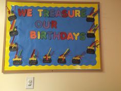 a bulletin board that says, we treasure our birthdays with candles in the middle