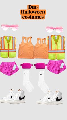 two pairs of shoes, an orange tank top and pink shorts with neon vests