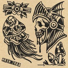 an old school tattoo design with skulls and flowers