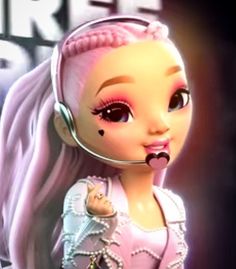 a doll with pink hair wearing a headset and holding a microphone in her hand