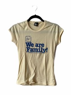 "1982 \"we are family!\" cambridge plan international babydoll graphic tee. deadstock. NIP. cream. blue screen printed front graphic. 23\" long. 14.5\" across. 4\" arms. in excellent, unworn condition. made in USA. legit. legitbabes.etsy.com legitbabes on instagram" Cream T Shirt Outfit, Pony Sneakers, Acid Bath, 4 Arms, Family Reunion Shirts, Reunion Shirts, Wardrobe Pieces, Blue Screen, We Are Family