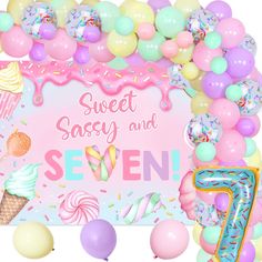 an image of sweet sassy and seven birthday party decoration with balloons, streamers, confetti, ice cream